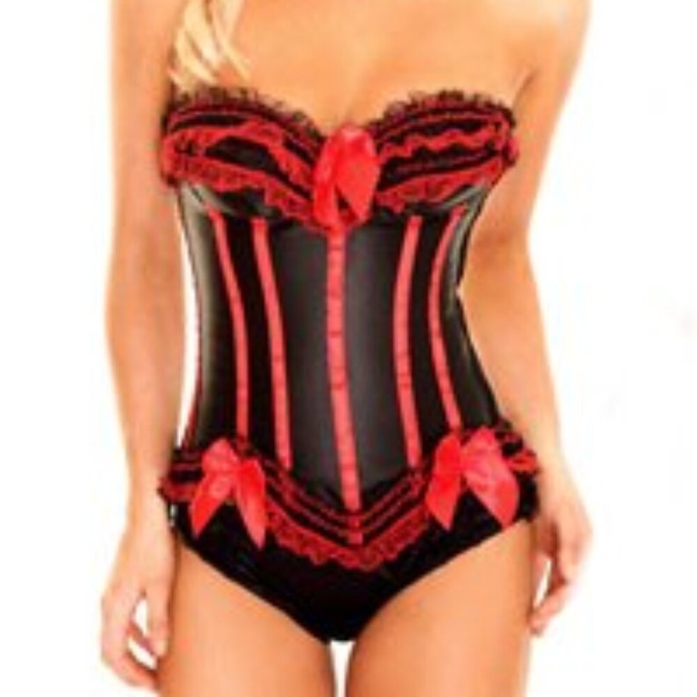 Black Red Burlesque Corset Set - Med - NEW